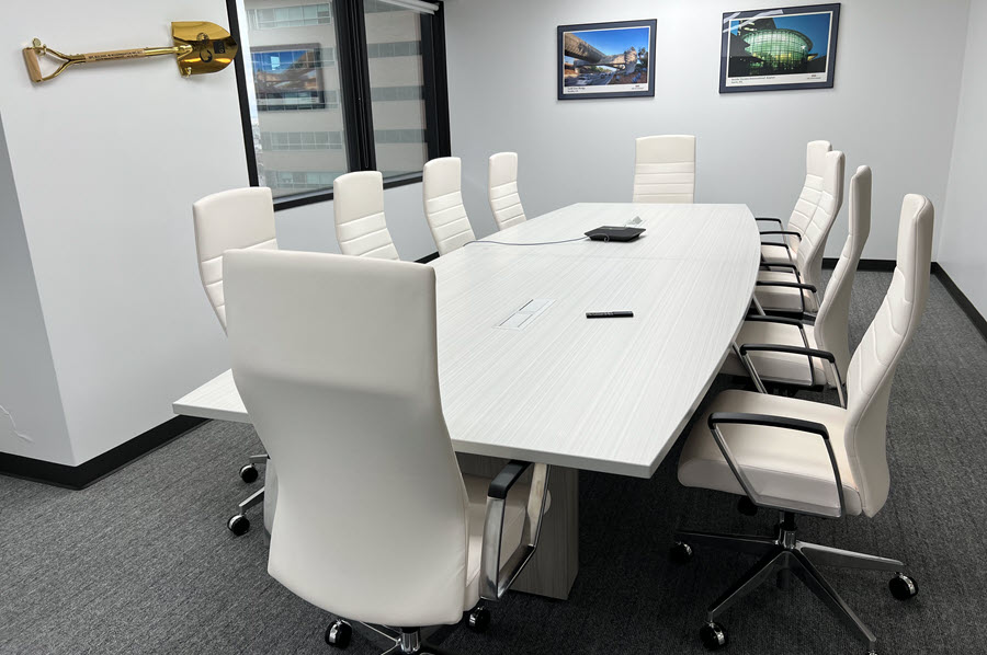 Denver - Custom Boat Shaped Conference Table with Power Outlets, Conference Chairs